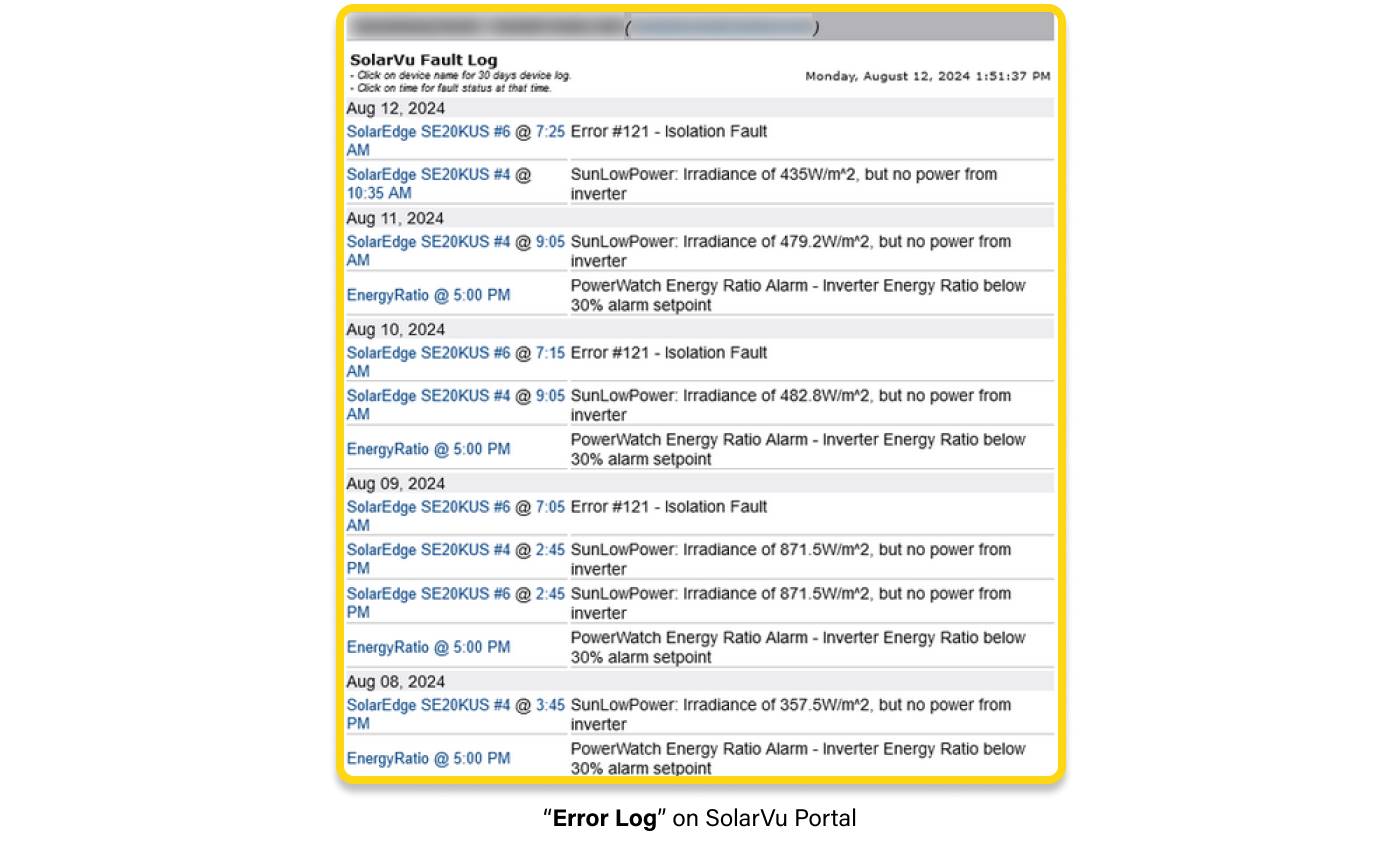 'Error Log' on SolarVu Portal